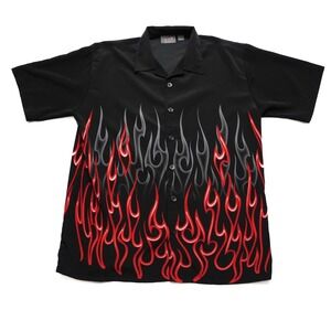 Vintage 90s Breakdown Mens Large Flame Graphic Button Up Shirt Black Red